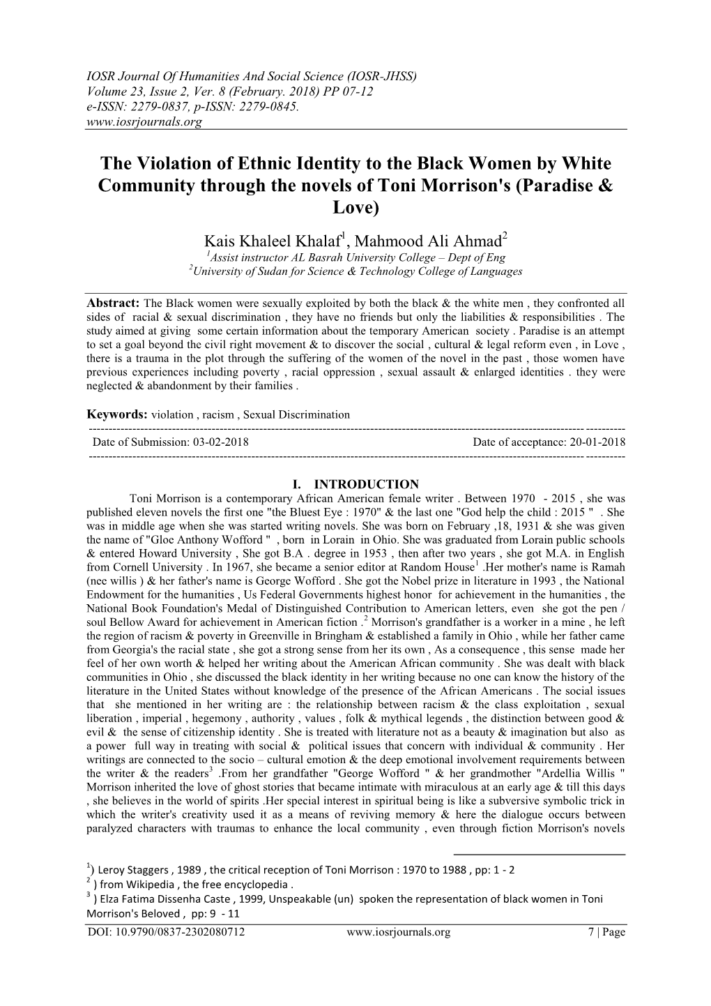 The Violation of Ethnic Identity to the Black Women by White Community Through the Novels of Toni Morrison's (Paradise & Love)