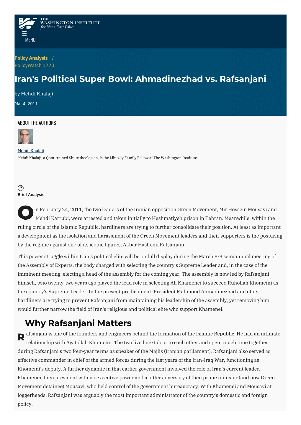 Iran's Political Super Bowl: Ahmadinezhad Vs. Rafsanjani | The