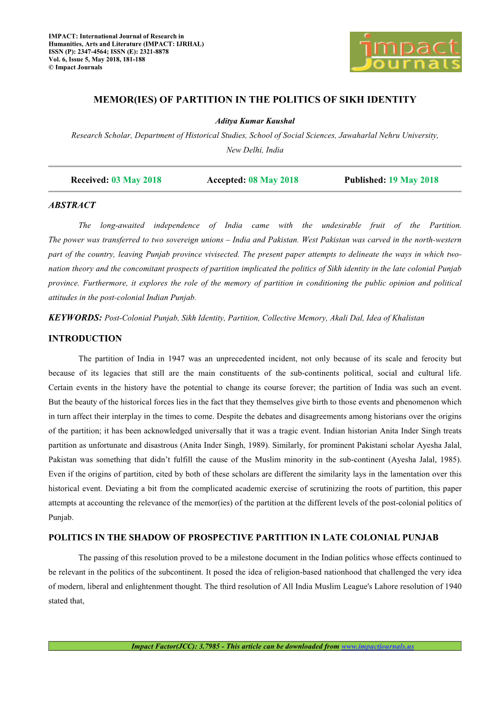 22. Foramt. Hum-MEMOR IES of PARTITION in the POLITICS of SIKH IDENTITY