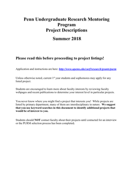 Penn Undergraduate Research Mentoring Program Project Descriptions