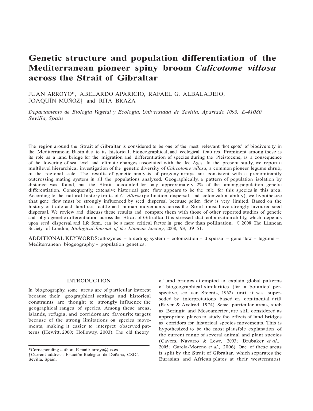 Genetic Structure and Population Differentiation of the Mediterranean Pioneer Spiny Broom Calicotome Villosa Across the Strait of Gibraltar