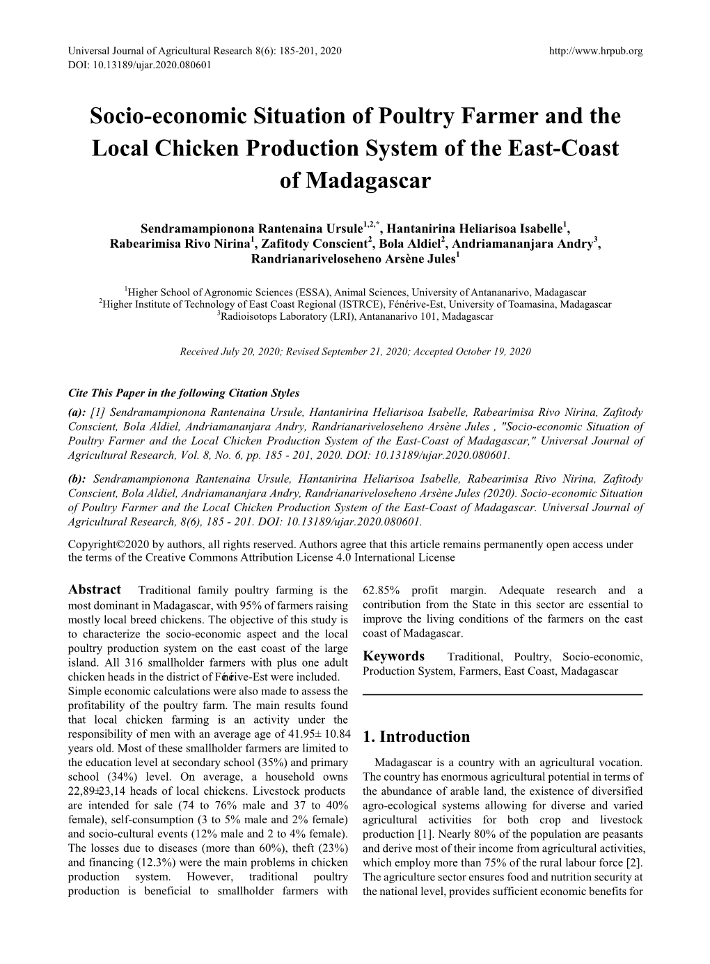 Socio-Economic Situation of Poultry Farmer and the Local Chicken Production System of the East-Coast of Madagascar