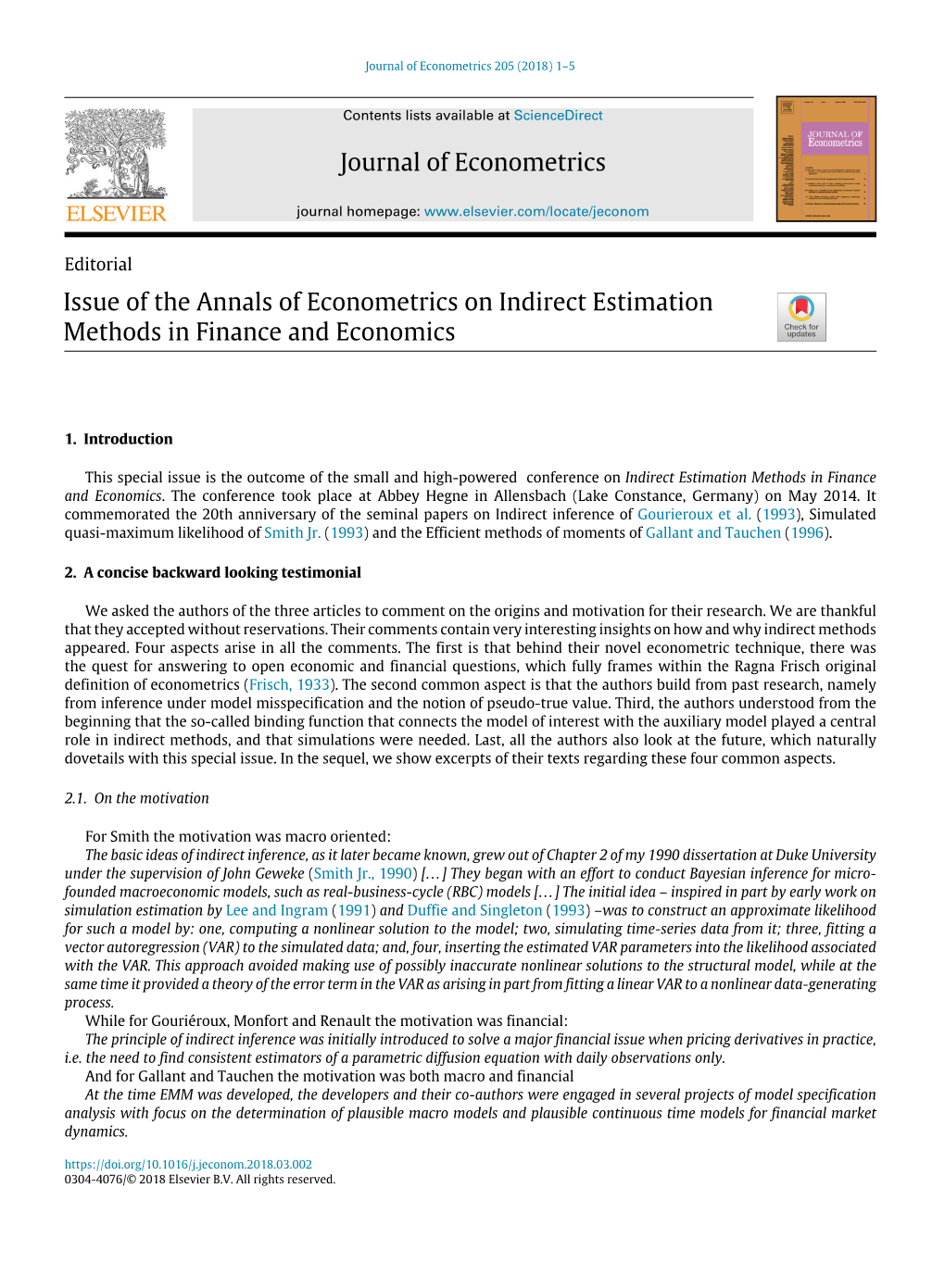 Journal of Econometrics Issue of the Annals of Econometrics on Indirect