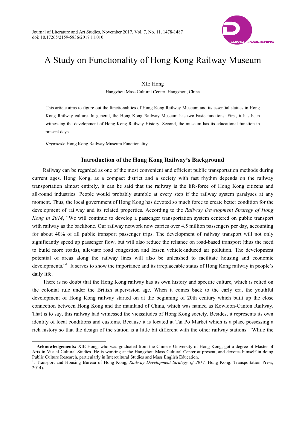 A Study on Functionality of Hong Kong Railway Museum