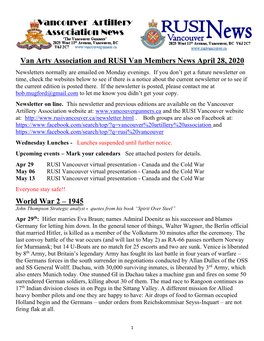 Van Arty Association and RUSI Van Members News April 28, 2020