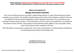 Allergy Information Checklist This Is to Be Used by Customers and Staff to Enable Allergy Sufferers to Make Informed Decisions About Suitability of Our Products