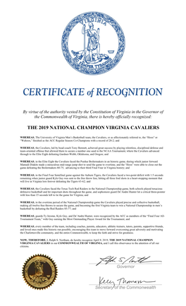 The 2019 National Champion Virginia Cavaliers