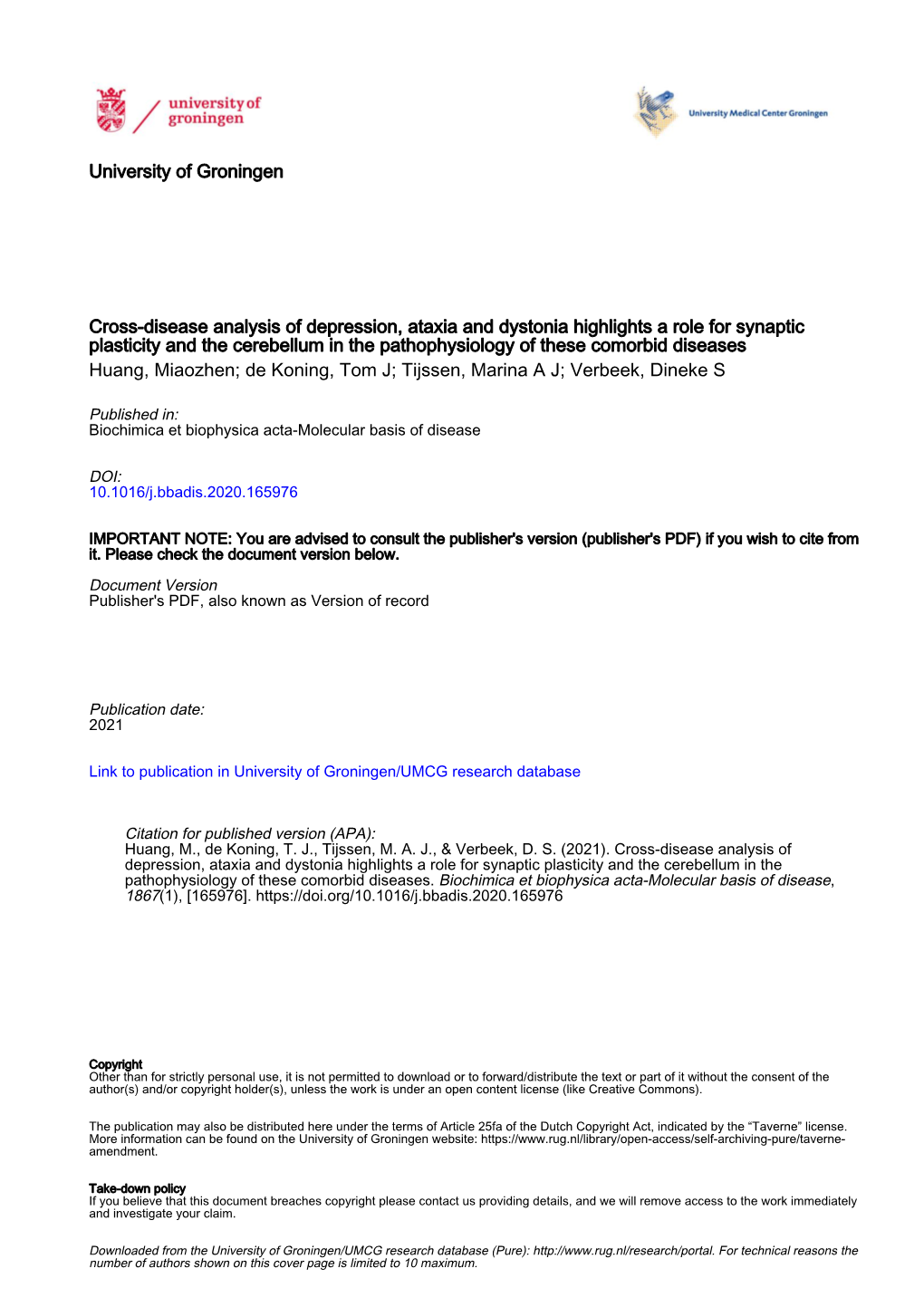 Cross-Disease Analysis of Depression, Ataxia and Dystonia