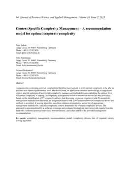 Context Specific Complexity Management – a Recommendation Model for Optimal Corporate Complexity