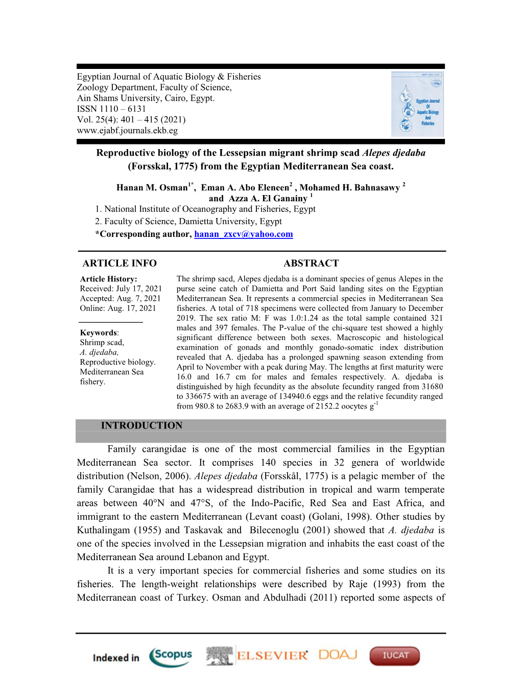 Reproductive Biology of the Lessepsian Migrant Shrimp Scad Alepes Djedaba (Forsskal, 1775) from the Egyptian Mediterranean Sea Coast