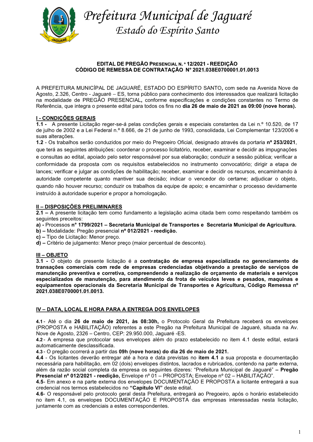 Prefeitura Municipal De Jaguaré Estado Do Espírito Santo