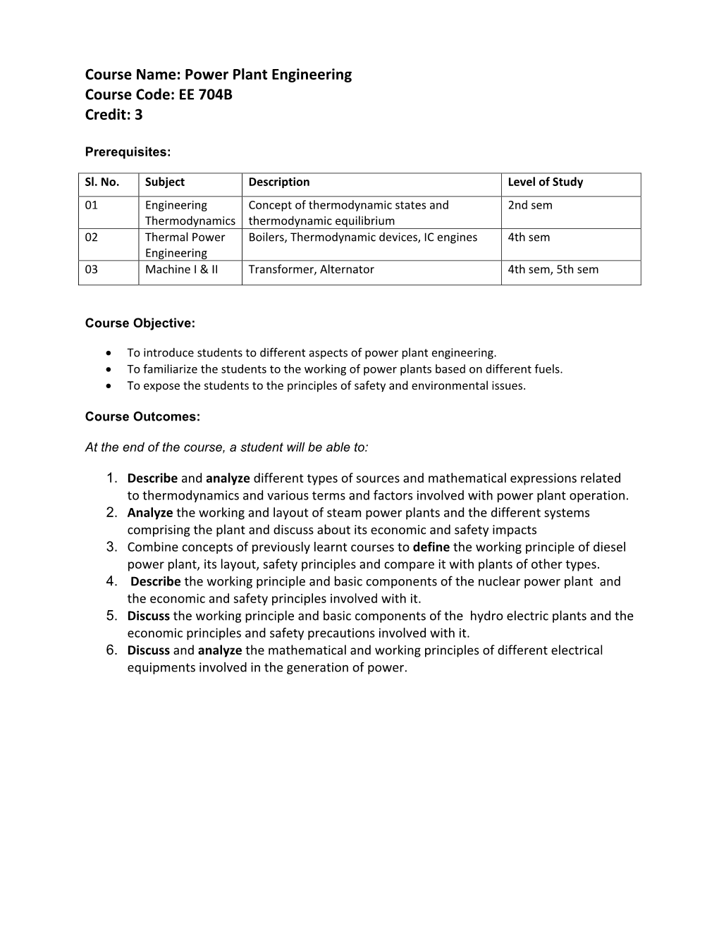 Power Plant Engineering Course Code: EE 704B Credit: 3