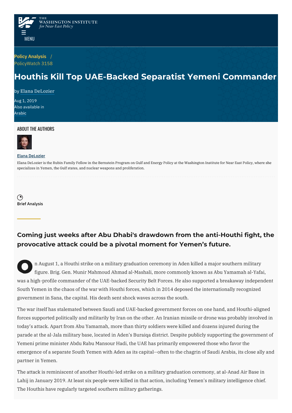 Houthis Kill Top UAE-Backed Separatist Yemeni Commander by Elana Delozier