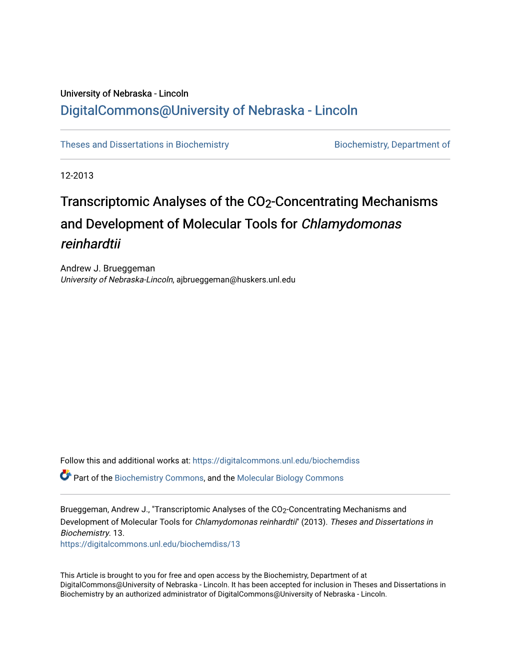 Concentrating Mechanisms and Development of Molecular Tools for Chlamydomonas Reinhardtii