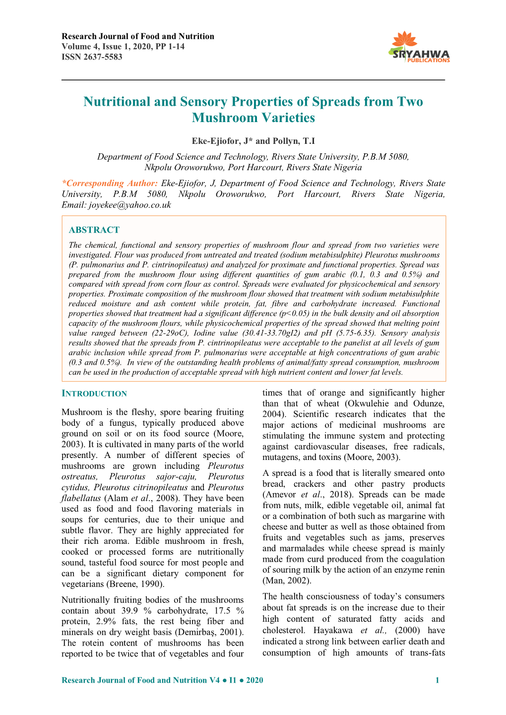 Nutritional and Sensory Properties of Spreads from Two Mushroom Varieties