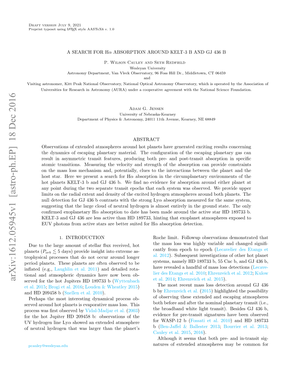 Arxiv:1612.05945V1 [Astro-Ph.EP] 18 Dec 2016 Served for the Hot Jupiters HD 189733 B (Wyttenbach Et Al