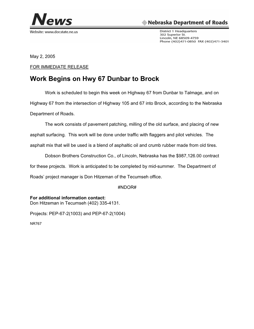 Work Begins on Hwy 67 Dunbar to Brock