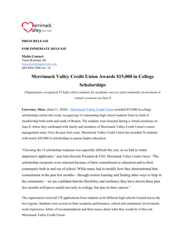 Merrimack Valley Credit Union Awards $15,000 in College