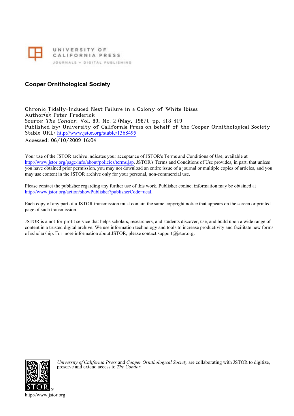 Frederick, P. C. 1987. Chronic Tidally-Induced Nest Failure in A