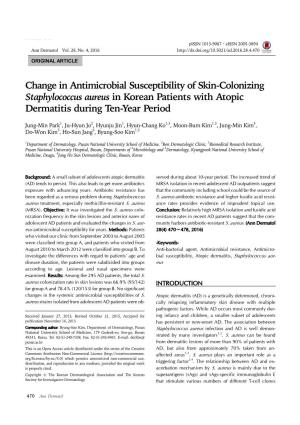 Change in Antimicrobial Susceptibility of Skin-Colonizing Staphylococcus Aureus in Korean Patients with Atopic Dermatitis During Ten-Year Period