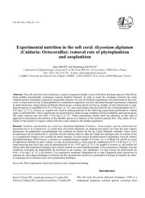Experimental Nutrition in the Soft Coral Alcyonium Digitatum (Cnidaria: Octocorallia): Removal Rate of Phytoplankton and Zooplankton