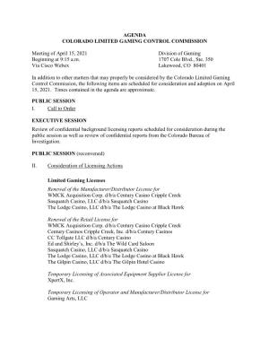 Agenda Colorado Limited Gaming Control Commission