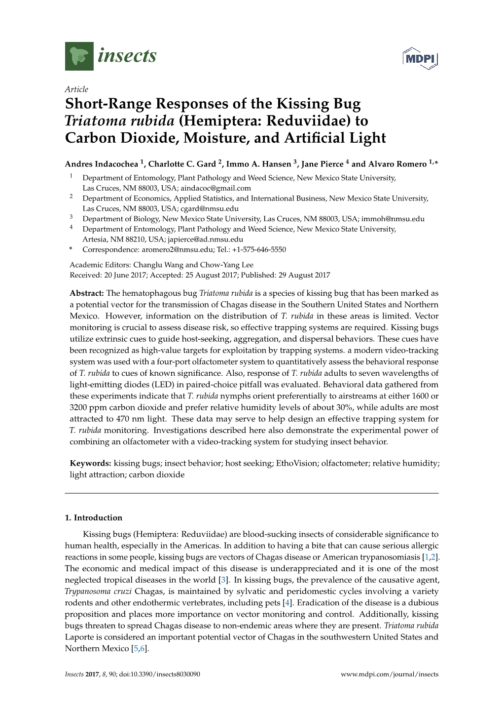 Short-Range Responses of the Kissing Bug Triatoma Rubida (Hemiptera: Reduviidae) to Carbon Dioxide, Moisture, and Artiﬁcial Light