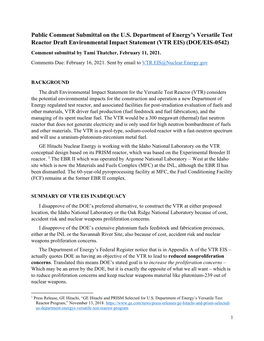 VTR EIS) (DOE/EIS-0542) Comment Submittal by Tami Thatcher, February 11, 2021