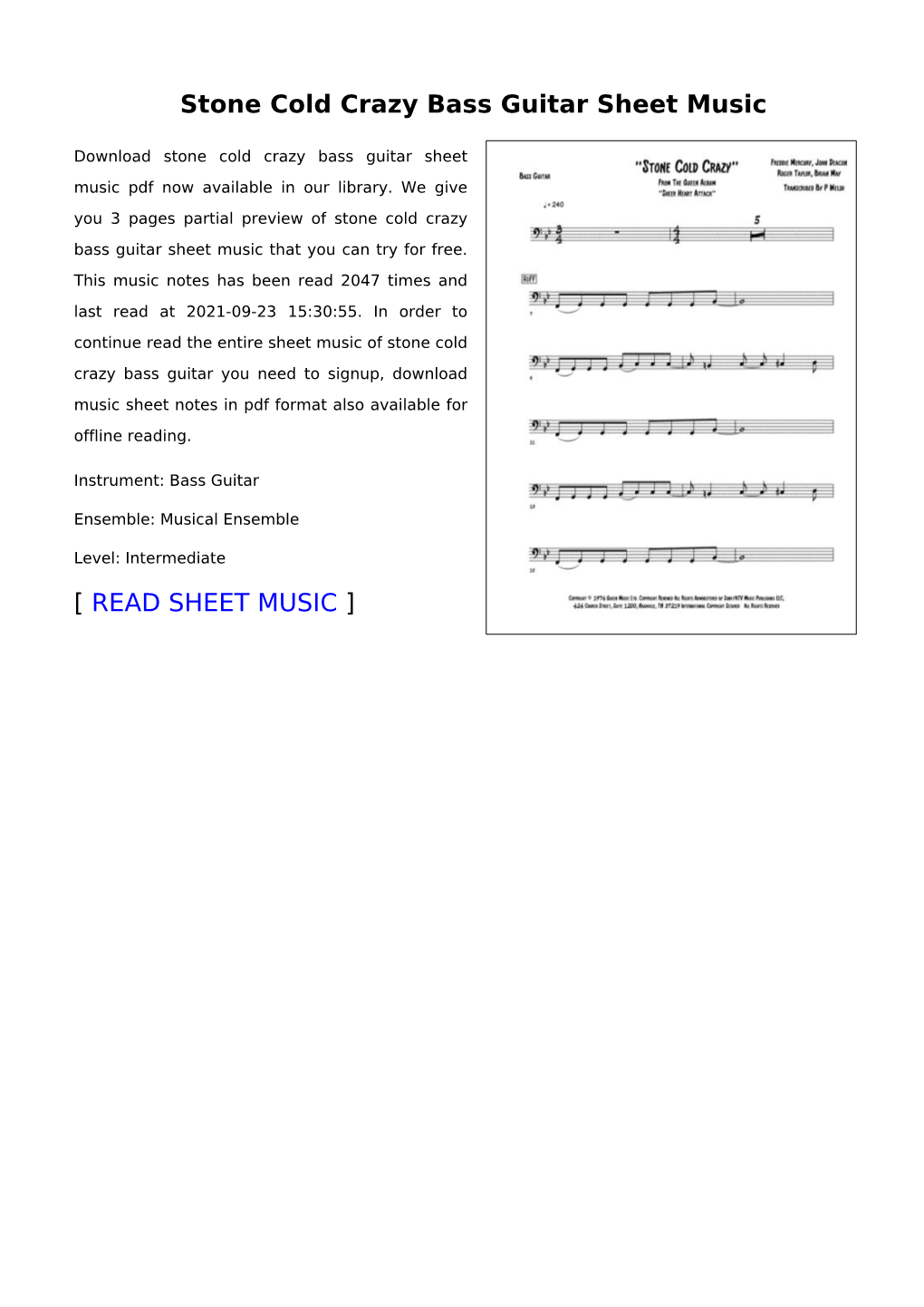 Stone Cold Crazy Bass Guitar Sheet Music