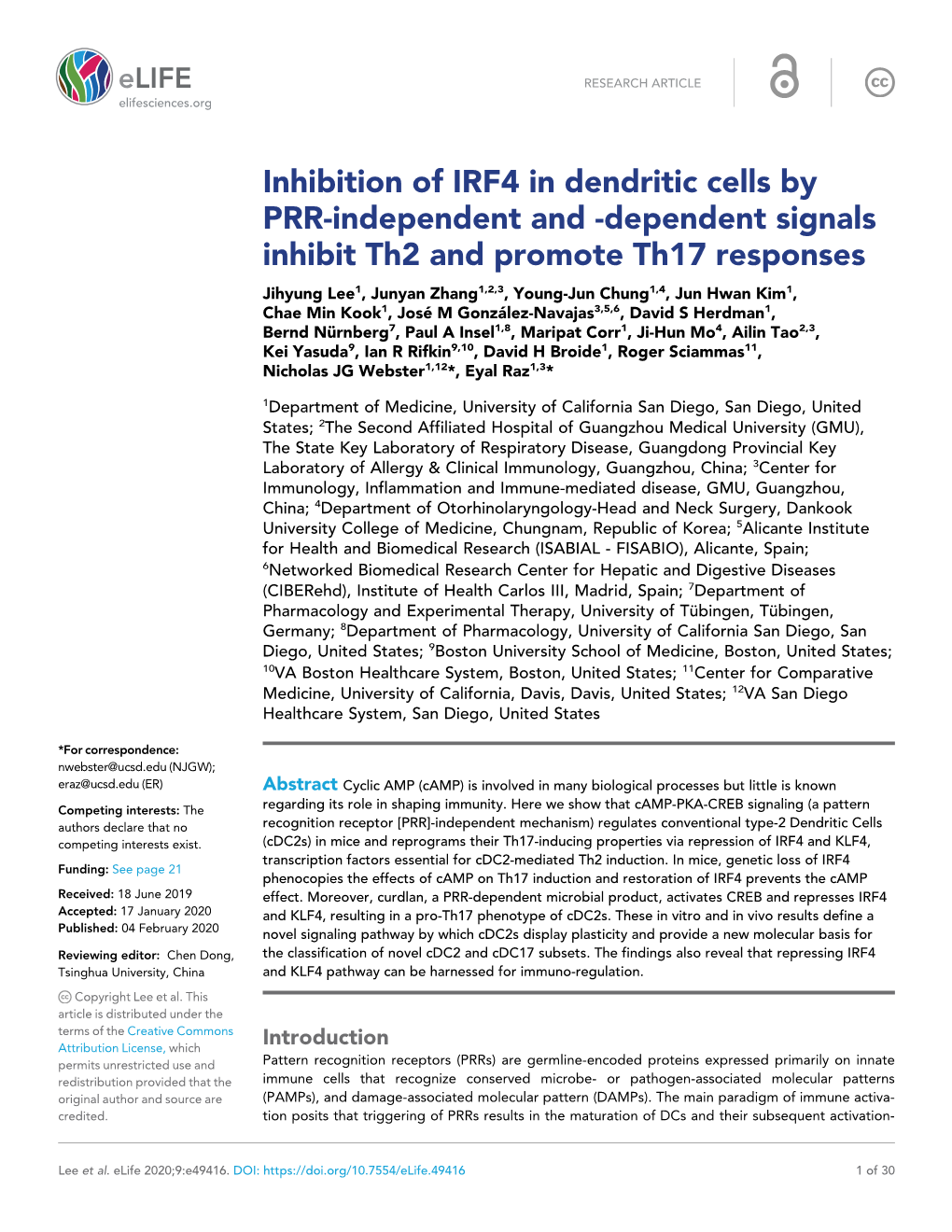 Inhibition of IRF4 in Dendritic Cells by PRR-Independent