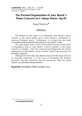 The Formal Organization of Amy Beach's Piano Concerto in C-Sharp