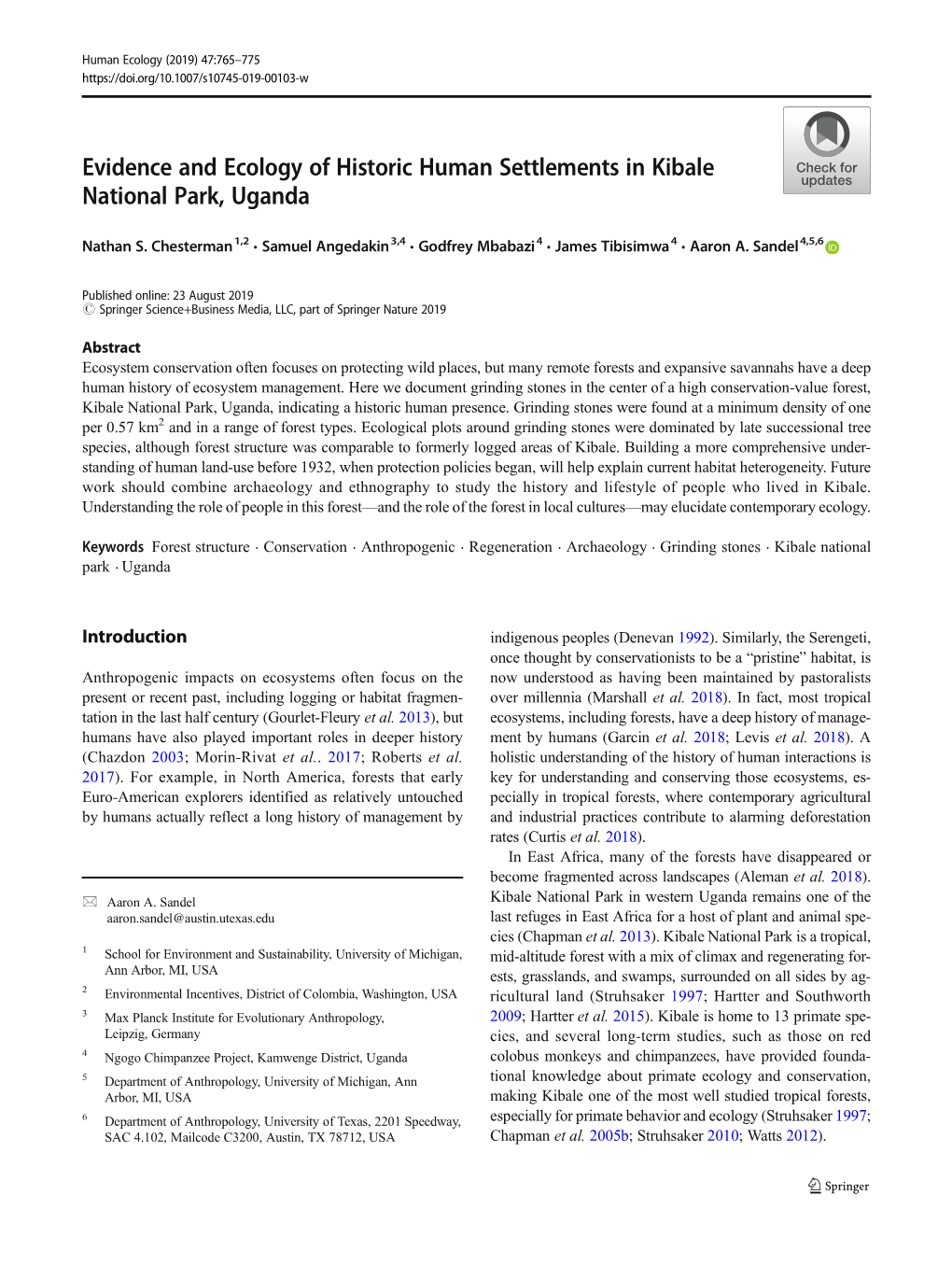 Evidence and Ecology of Historic Human Settlements in Kibale National Park, Uganda