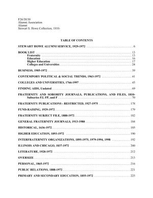 Table of Contents Stewart Howe Alumni Service, 1929