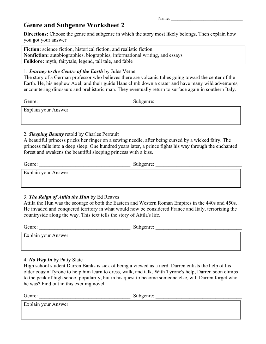 Genre and Subgenre Worksheet 2