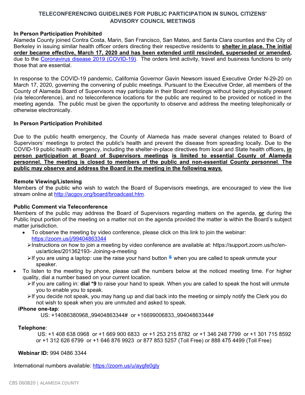 Teleconferencing Guidelines for Public Participation in Sunol Citizens' Advisory Council Meetings