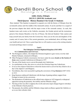 Addis Ababa, Ethiopia 2012 E.C (2019/20) Academic Year Third Quarter History Handout 4 for Grade 11 Students