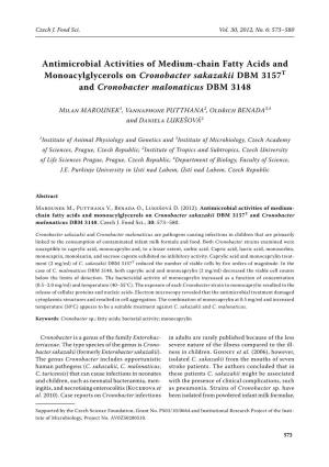 Antimicrobial Activities of Medium-Chain Fatty Acids and Monoacylglycerols on Cronobacter Sakazakii DBM 3157T and Cronobacter Malonaticus DBM 3148