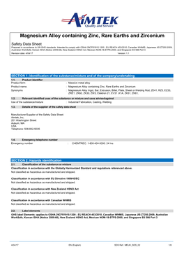 Magnesium Alloy Containing Zinc, Rare Earths and Zirconium Safety Data Sheet Prepared in Accordance to UN GHS Standards