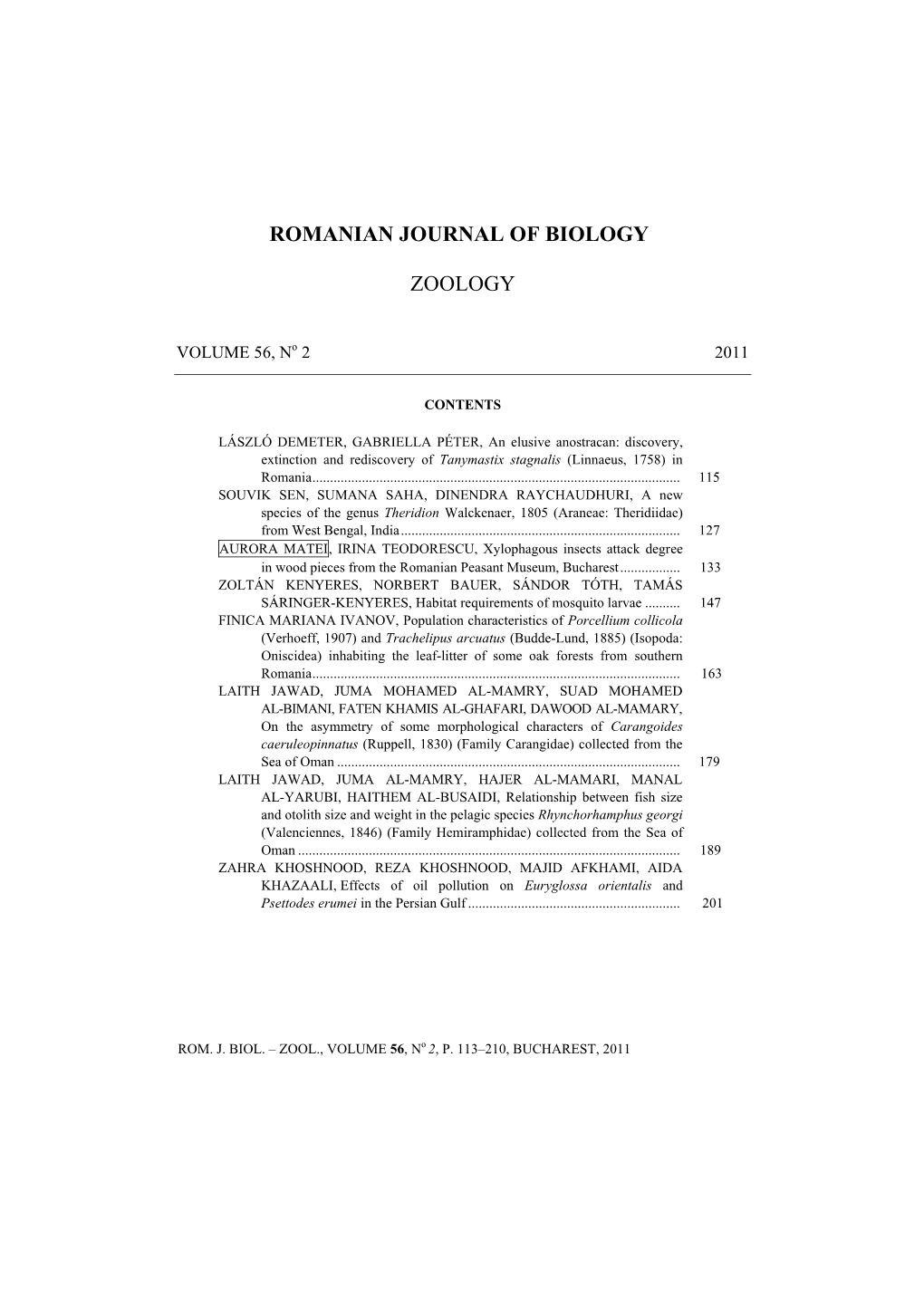 Romanian Journal of Biology1 Zoology