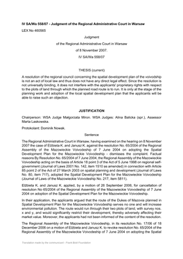 IV SA/Wa 558/07 - Judgment of the Regional Administrative Court in Warsaw LEX No 460565 Judgment of the Regional Administrative Court in Warsaw of 8 November 2007