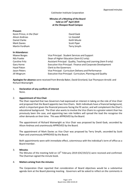 Approved Minutes Colchester Institute Corporation Minutes of a Meeting Of