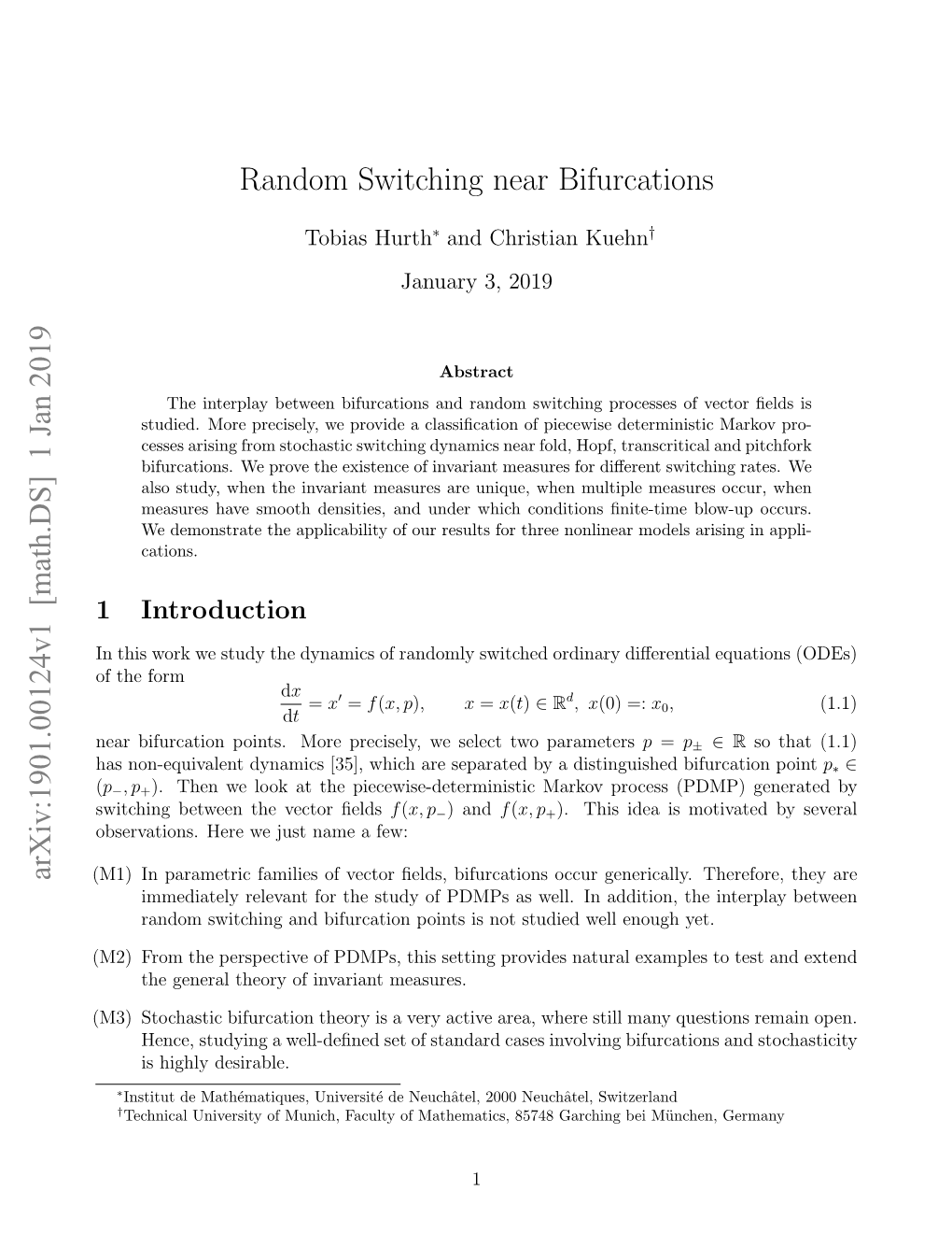 Random Switching Near Bifurcations Arxiv:1901.00124V1 [Math.DS] 1