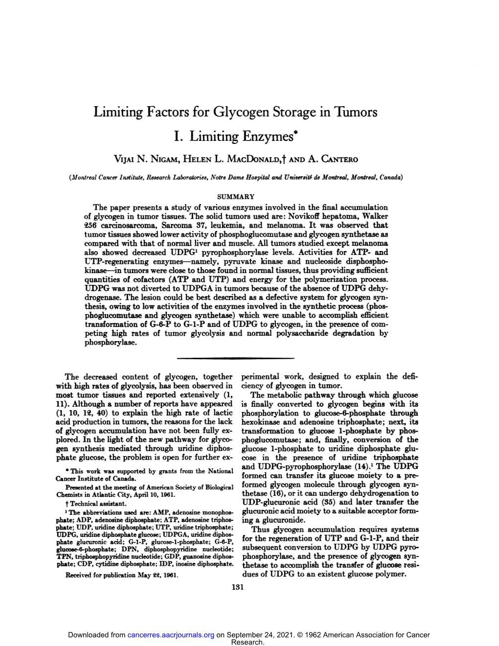 Limiting Factors for Glycogen Storage in Tumors I. Limiting Enzymes *