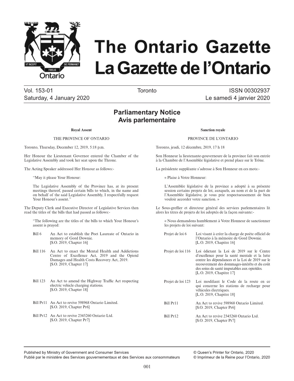 Ontario Gazette Volume 153 Issue 01, La Gazette De L'ontario Volume 153