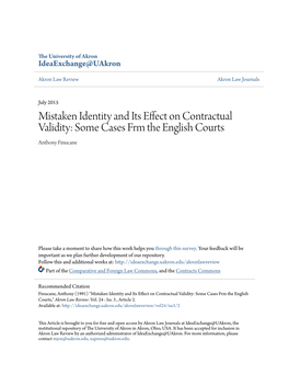 Mistaken Identity and Its Effect on Contractual Validity: Some Cases Frm the English Courts Anthony Finucane