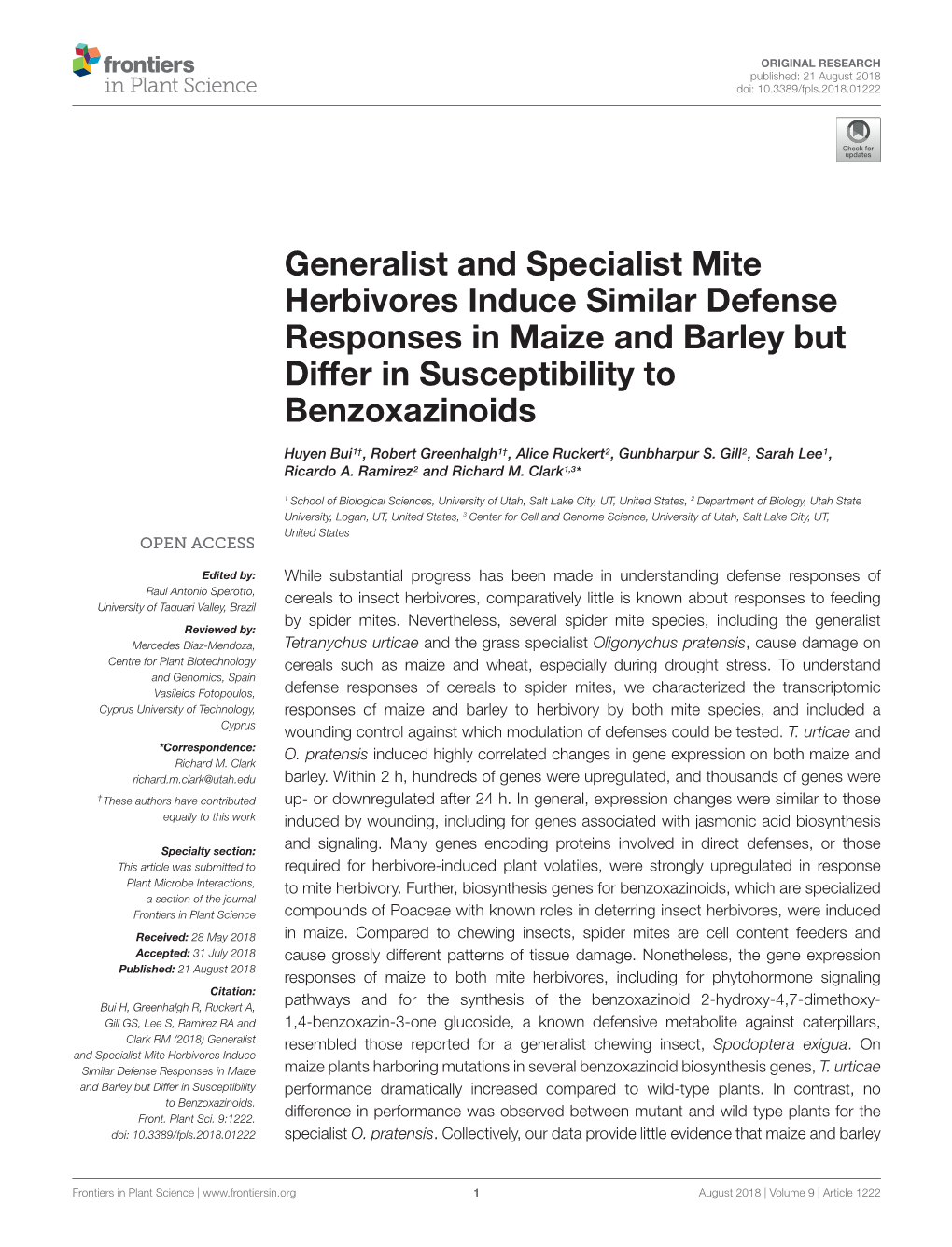 Generalist and Specialist Mite Herbivores Induce Similar Defense Responses in Maize and Barley but Differ in Susceptibility to Benzoxazinoids