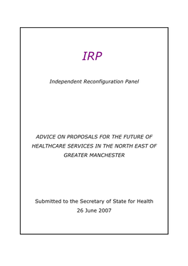 Advice on Proposals for the Future of Healthcare Services in the North East of Greater Manchester