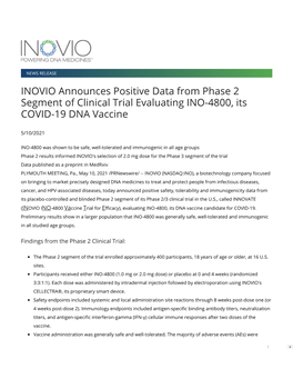 INOVIO Announces Positive Data from Phase 2 Segment of Clinical Trial Evaluating INO-4800, Its COVID-19 DNA Vaccine