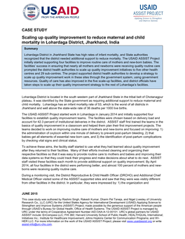 Scaling up Quality Improvement to Reduce Maternal and Child Mortality in Lohardaga District, Jharkhand, India Summary