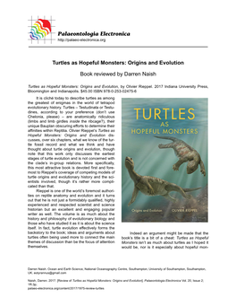 Turtles As Hopeful Monsters: Origins and Evolution Book Reviewed By